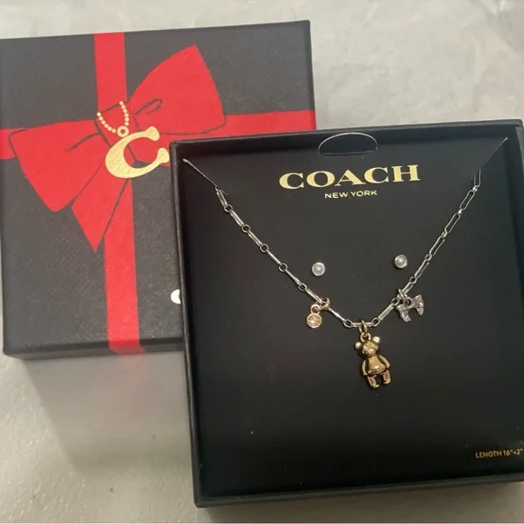 New With Box Coach Teddy Bear And Bow Earrings And Necklace Boxed Set CCU46 - Picture 11 of 11